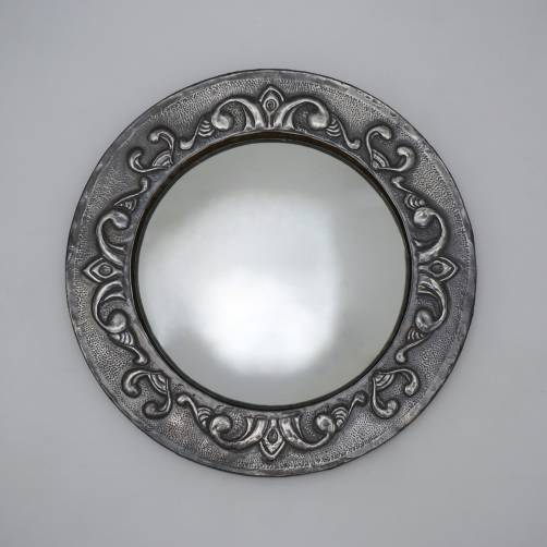 Antique Arts & Crafts convex mirror, hammered pewter, 1900`s, English